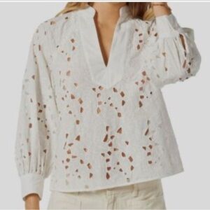 Joie White Perci Embroidered Cut-Outs Lace Cotton Top.